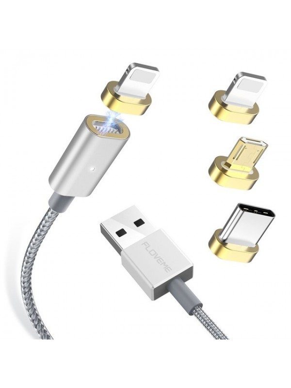 Manyetik Mıknatıslı Şarj Kablosu 3in1 Lightning+Micro+Type-C Silver Ha…