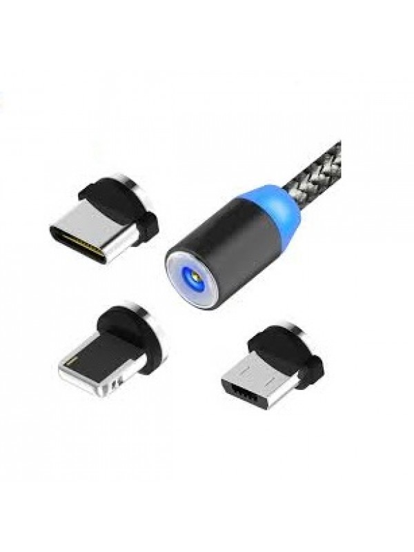 Manyetik Mıknatıslı Şarj Kablosu 3in1 Lightning+Micro+Type-C Siyah Has…